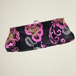 Black pink sequin floral embroidered clutch with crossbody strap, whimsigoth Y2K